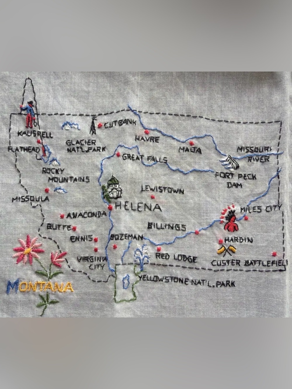 Vintage Montana Souvenir Map/Cities Handkerchief - Hand Embroidered